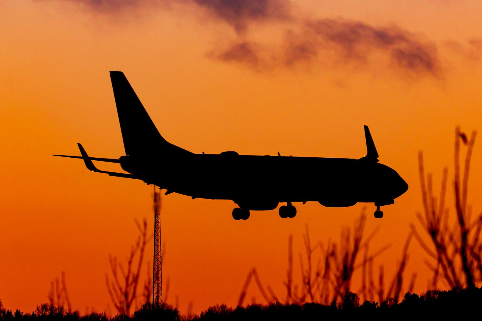 Aircraft landing at sunset, air freight to Dubai
